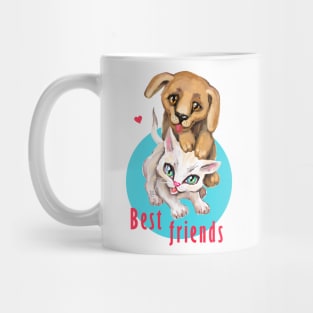 Cute small cat and dog. Sweet little baby pets. Kitten and puppy friends. Mug